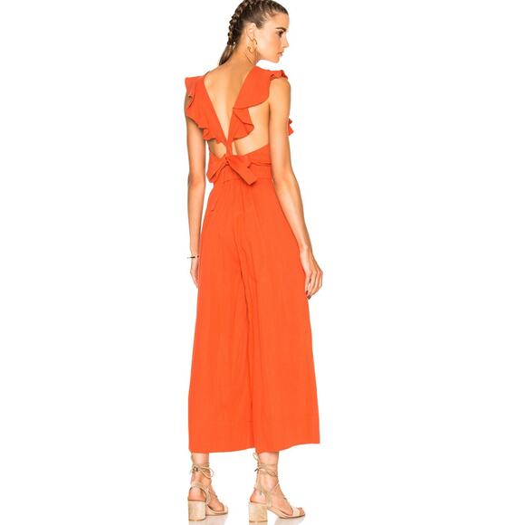 Ulla Johnson Viola Ruffled Linen Wide Leg Jumpsuit in Chili Pockets Size 8 - Picture 2 of 12